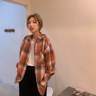 Áo SƠ MI nữ CARO CAM NÂU cổ bẻ tay dài phong cách ulzzang form freesize dáng rộng unisex mặc cặp, nhóm, couple