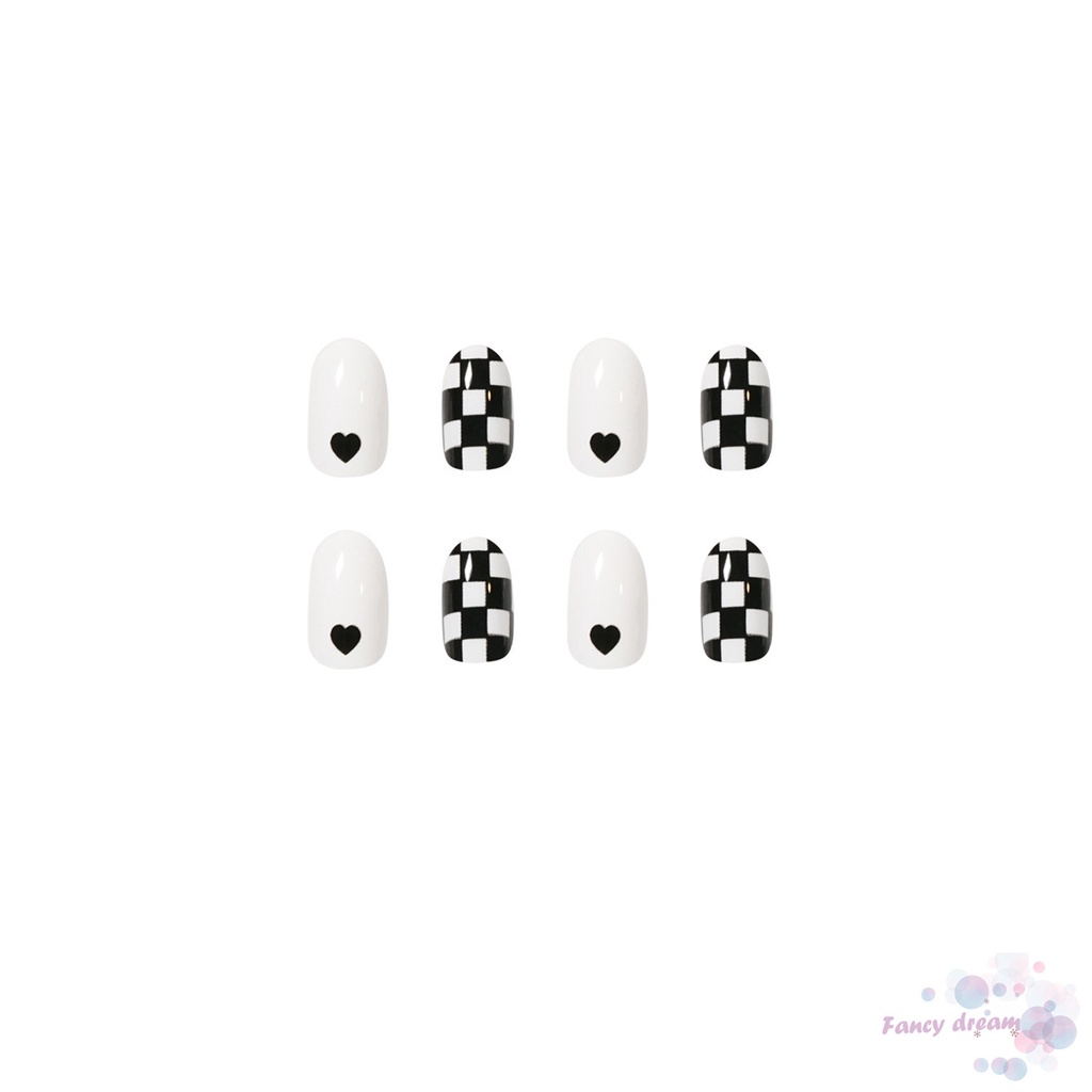 [Hàng mới về] Set 24 móng tay giả màu trắng đen phong cách ngọt ngào thời trang