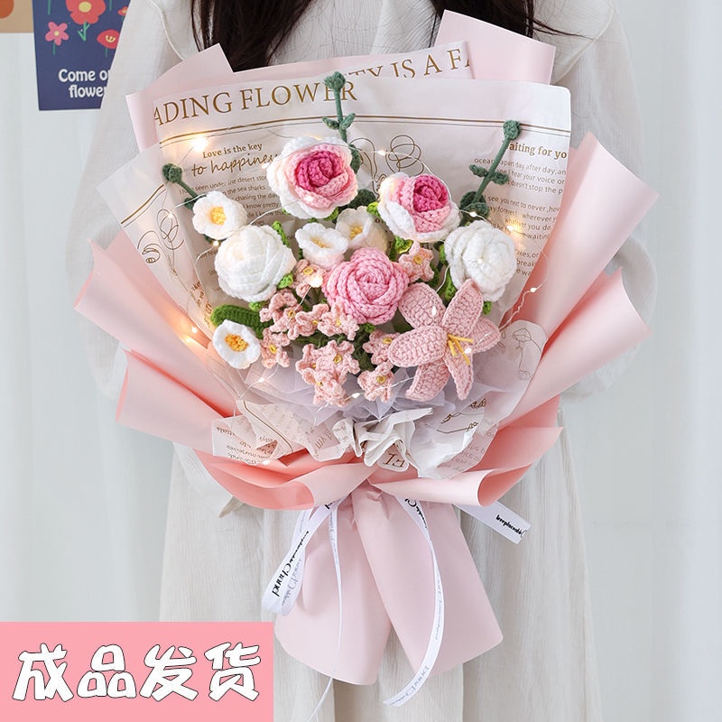 Bó Hoa Tulip Đan Len Kết Hợp Hoa Hồng / Hướng Dương Giả Làm Quà Tặng Lễ Hội Cho Bé Trai Và Bạn Gái