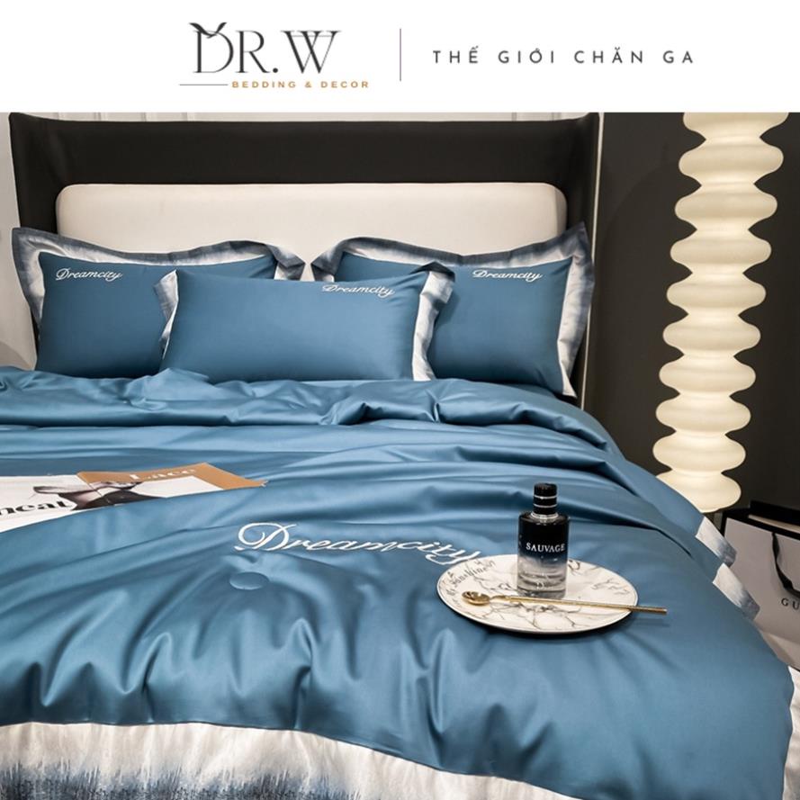 Bộ chăn ga gối nệm đệm set 4 món cotton lụa Dream City châu âu DR.W cao cấp bo chun drap giường - Thế Giới Chăn Ga