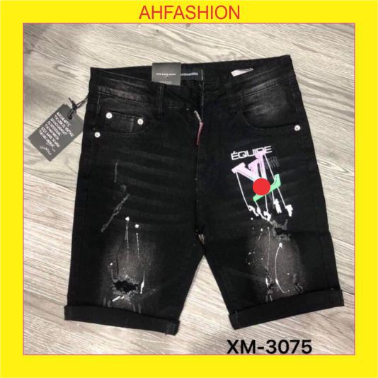 Quần short jean nam cao cấp đen rách thêu logo mẫu mới nhất AHFASHION