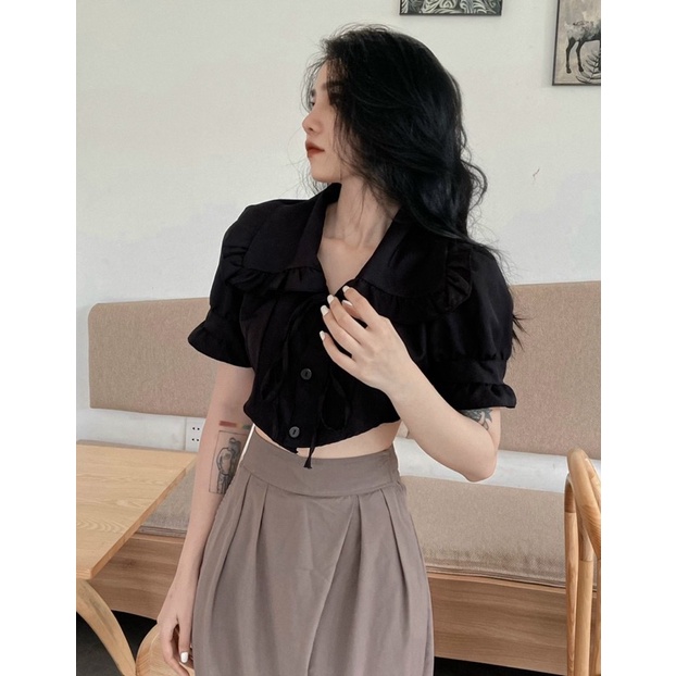 Áo voan croptop cài nút buộc dây nơ vạt nhọn ngắn tay bèo màu trơn - Mã: 756 TV-Fashion