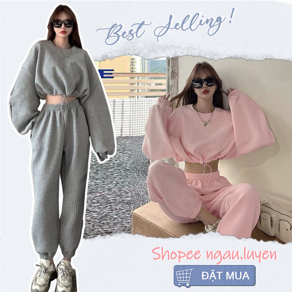 SA004 Set thể thao áo croptop quần jogger Ulzzang, bộ quần áo nỉ thu đông dài tay ống rộng bo gấu trẻ trung năng động
