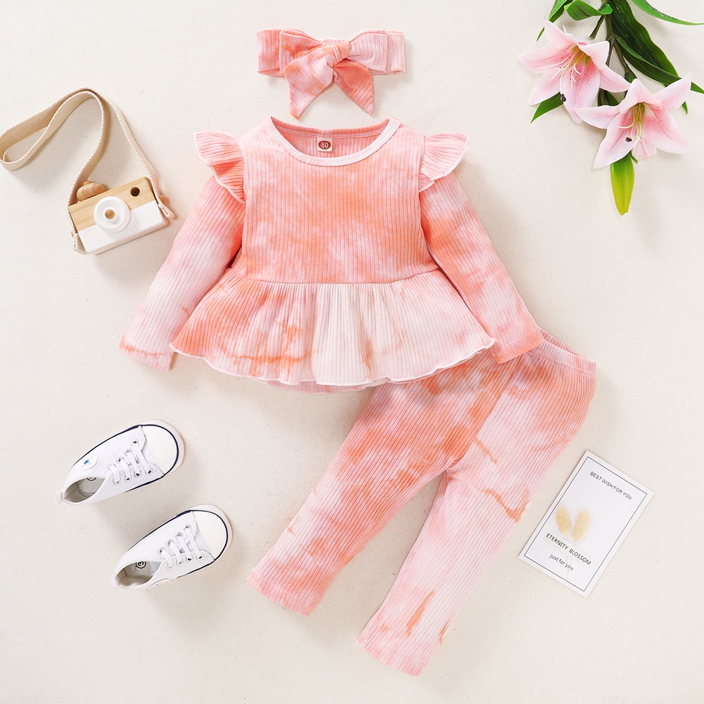 Bộ 3 món MIKRDOO Áo tay dài và Quần kèm Băng đô bằng cotton dành cho bé gái sơ sinh/ tập đi