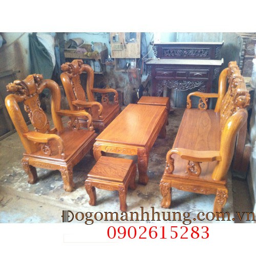 Bộ bàn ghế salon gỗ gõ đỏ chạm đào tay 10, bộ bàn ghế phòng khách gỗ Ms81