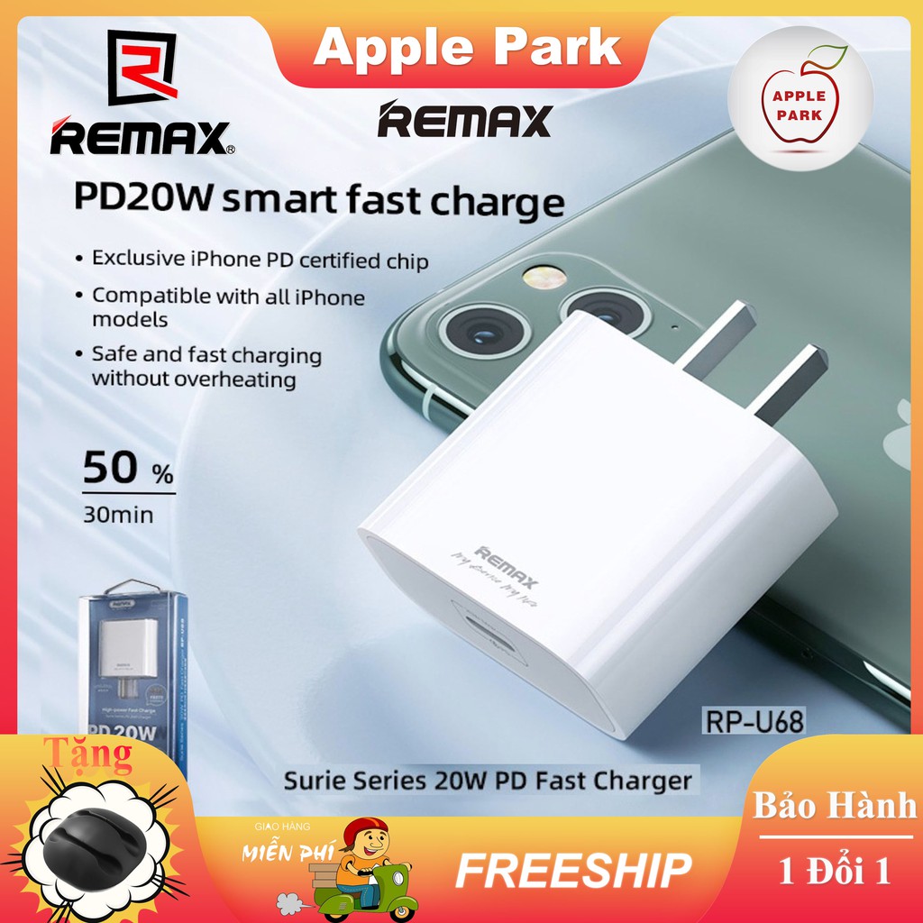 Bộ Sạc Nhanh iPhone 20W PD Remax RP-U68 Type-C Cho iPhone 12 Pro 11 Pro Max XS X 8P 8 Vâng (CHÍNH HÃNG)