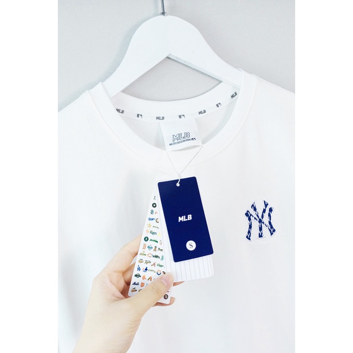 Áo Thun MLB NY trắng  Áo Phông MLB Nam Nữ Tay Lỡ Form Rộng họa tiết chữ xanh