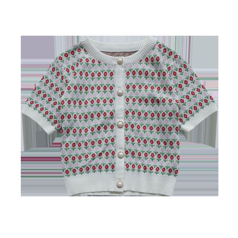 Áo Dệt Kim Tay Ngắn Hoạ Tiết Hoa Thiết Kế Thời Trang Xinh Xắn Cho Nữ