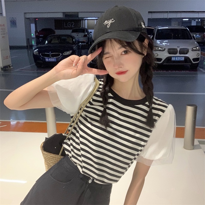 Áo Chiffon Tay Ngắn Họa Tiết Sọc Thời Trang