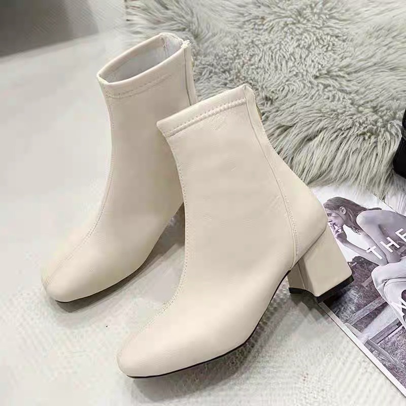Boots nữ cao cổ lót nỉ WOMENSTORY Bốt khóa sau Boot mũi tròn boost đế vuông 5 cm thời trang mùa đông