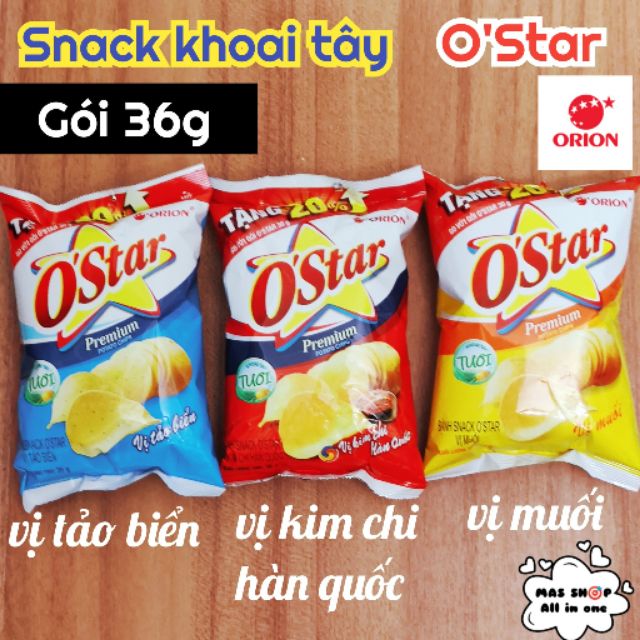 Snack khoai tây O'Star (Ostar) Orion® gói 36g vị tảo biển/muối/kim chi Hàn Quốc