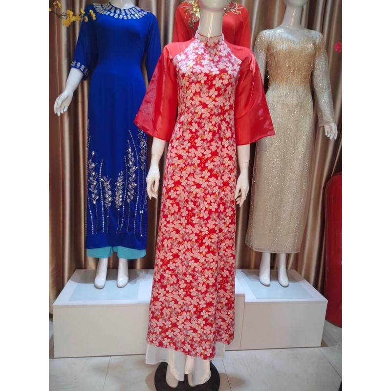 Áo dài hoa nhí pha tay tơ , lụa hàn