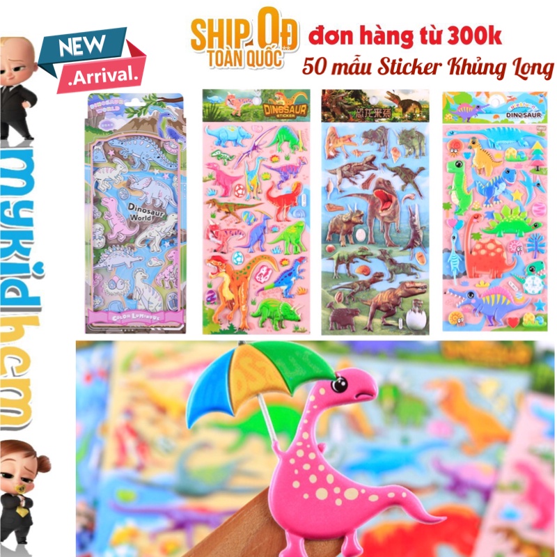 50 MẪU Sticker KHỦNG LONG HOẠT HÌNH VÀ REAL đồ chơi cho bé hình dán 3D phát triển trí tuệ