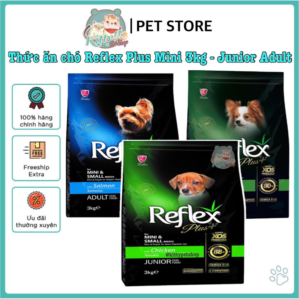 Thức ăn hạt Reflex Plus Mini Breed  gói 3kg dành cho chó giống nhỏ 2-10kg; thức ăn chó junior, adult. Kitty Pet Shop