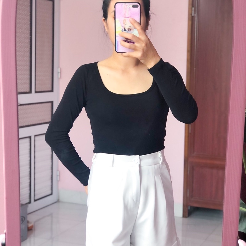 Áo Thun Nữ croptop Dài Tay Dáng Ôm, Áo Body Cổ vuông Mặc Thu Đông, chất bozip co giãn thoải mái