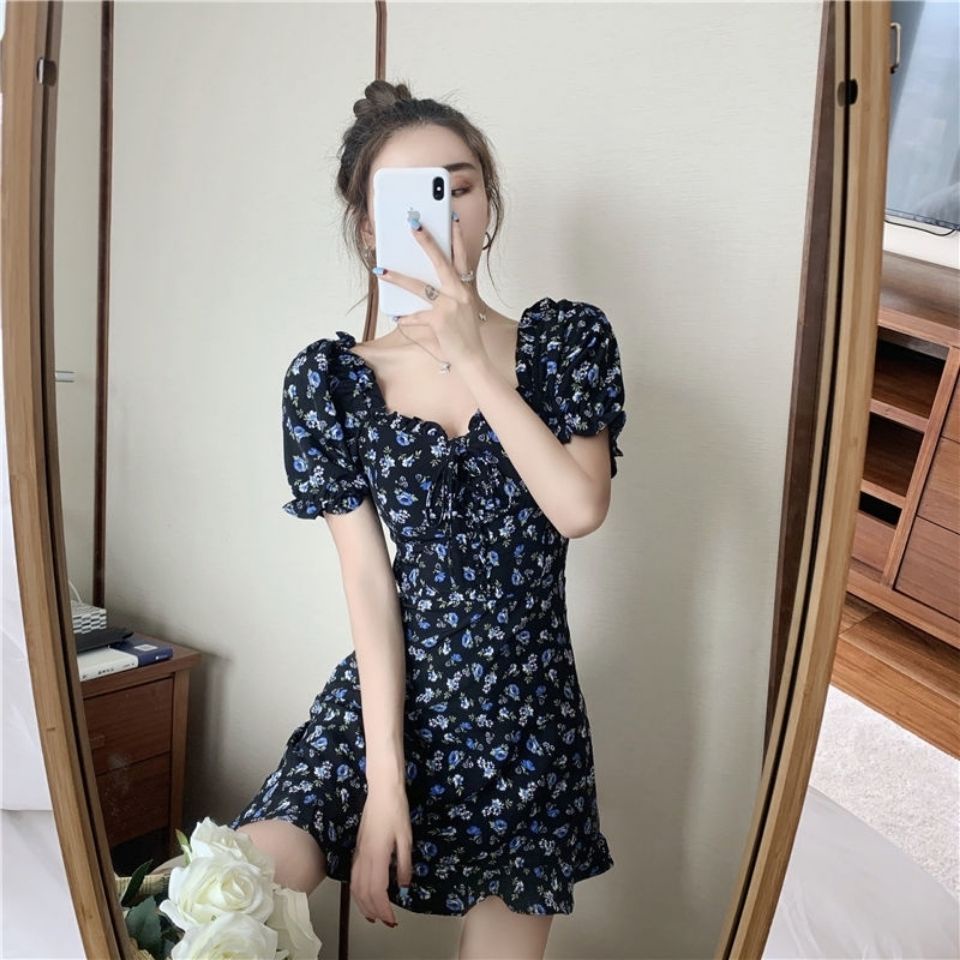 Đầm ngắn in hoa phong cách retro Pháp cho nữ