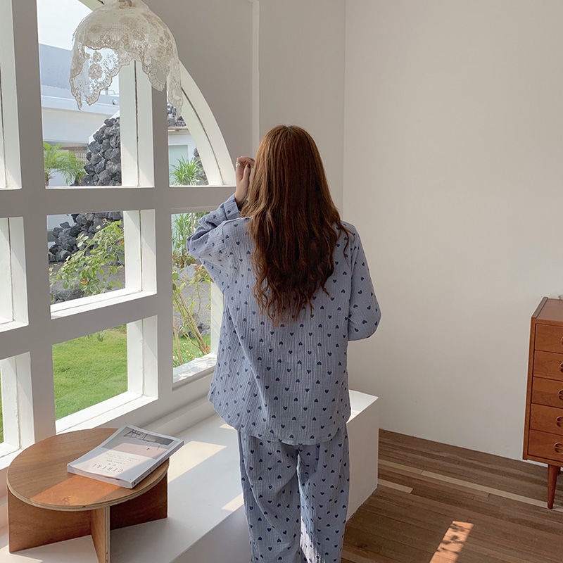 Bộ Đồ Ngủ cotton Tay Dài In Họa Tiết Trái Tim Đơn Giản Thời Trang Hàn Quốc