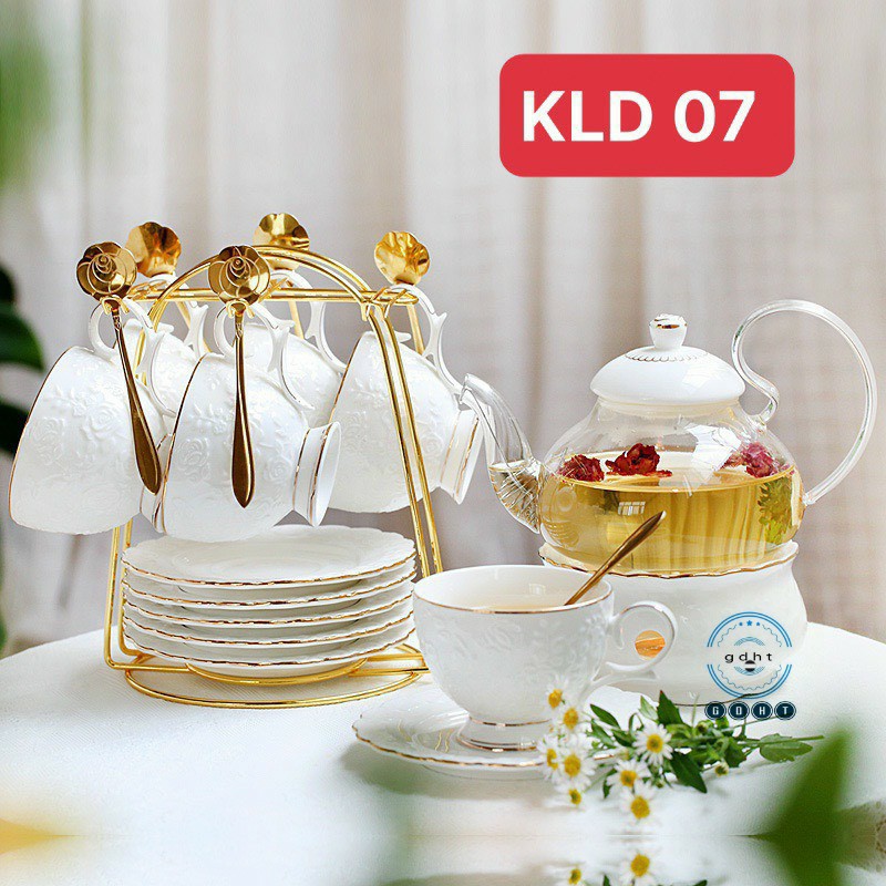 Bộ trà chiều phong cách châu Âu họa tiết hoa hồng nổi -Bộ bình pha trà thủy tinh, cốc đĩa, khay sứ trắng cổ vịt, kèm gi