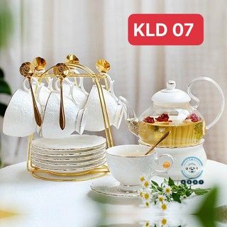 Bộ ấm chén sứ xương kèm khay ️𝘾𝘼𝙊 𝘾𝘼̂́𝙋️ Bộ tách trà sứ xương phong cách hoàng gia có đế hâm nóng
