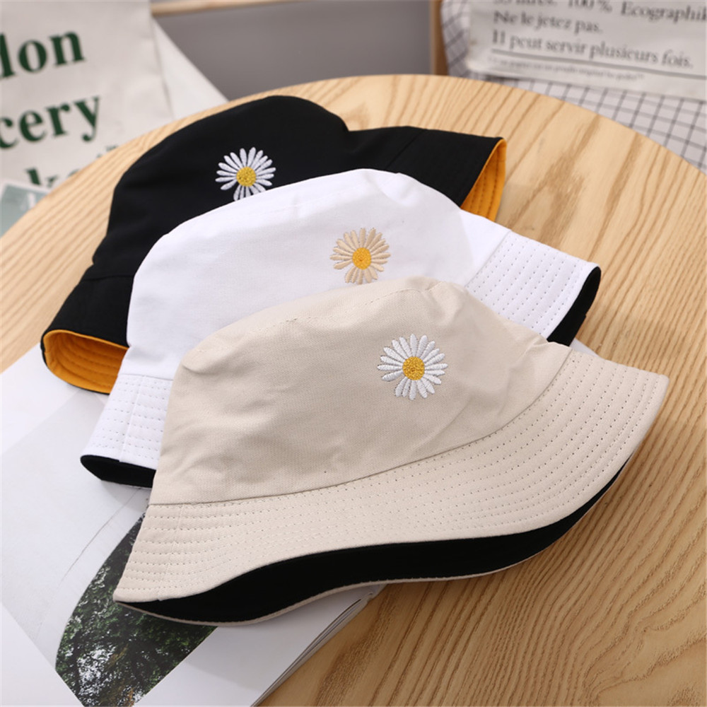 Nón vành che nắng hai mặt thêu hoa cúc xinh xắn thời trang cho nam và nữ