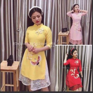 Áo dài cách tân người lớn. Hoa in k bai k mờ. Hình in sắc nét.