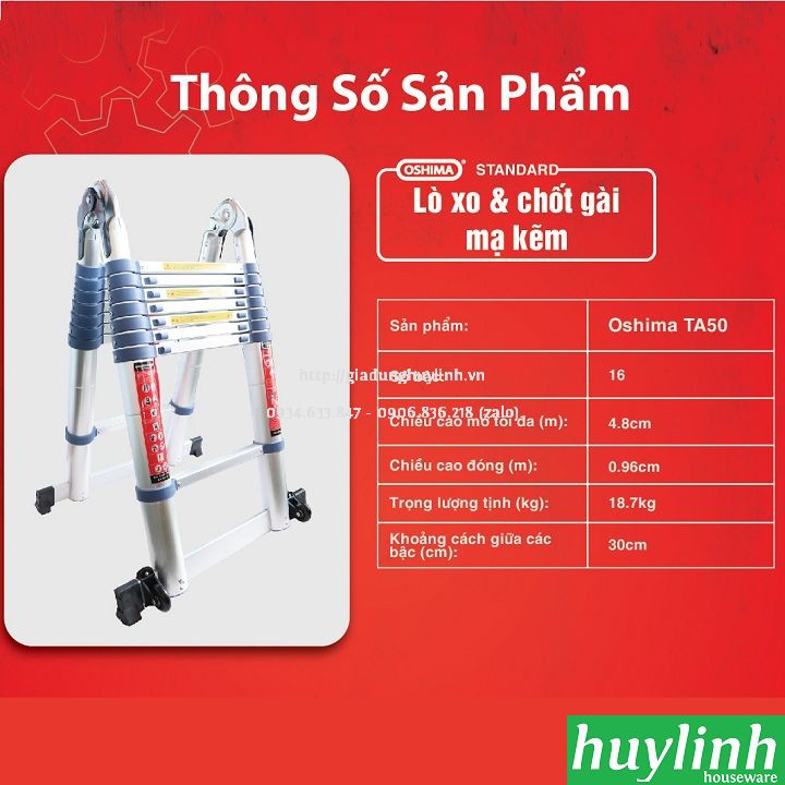 Freeship Thang nhôm rút đôi chữ A Oshima TA-50 - 5 mét