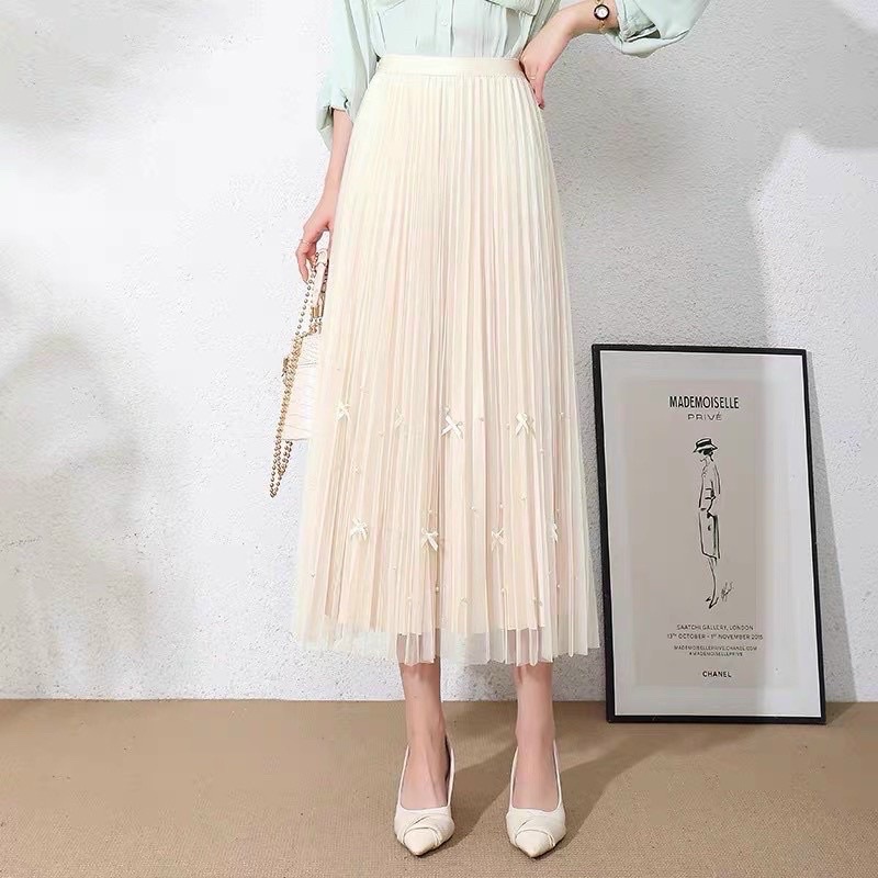 Chân váy công chúa xếp ly ren 2 lớp đính nơ ngọc, mặc được 2 mặt, mẫu thời trang mới nhất