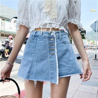 Quần Short Bò Giả Váy Cạp Cao Rách Gấu