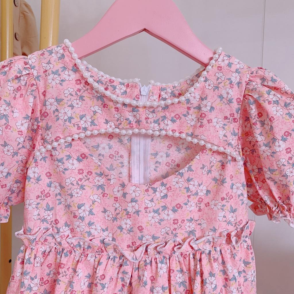 Váy cho bé gái cộc tay - Babystore88 - Đầm hoa nhí viền ngọc cổ ngực mùa hè 1 2 3 4 5 6 7 8 9 10 11 12 tuổi v6