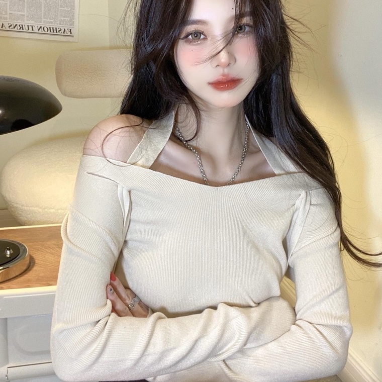 Áo ZHELIHANGFEI dệt kim tay dài trễ vai thiết kế ôm sát tôn dáng phong cách gợi cảm cho nữ