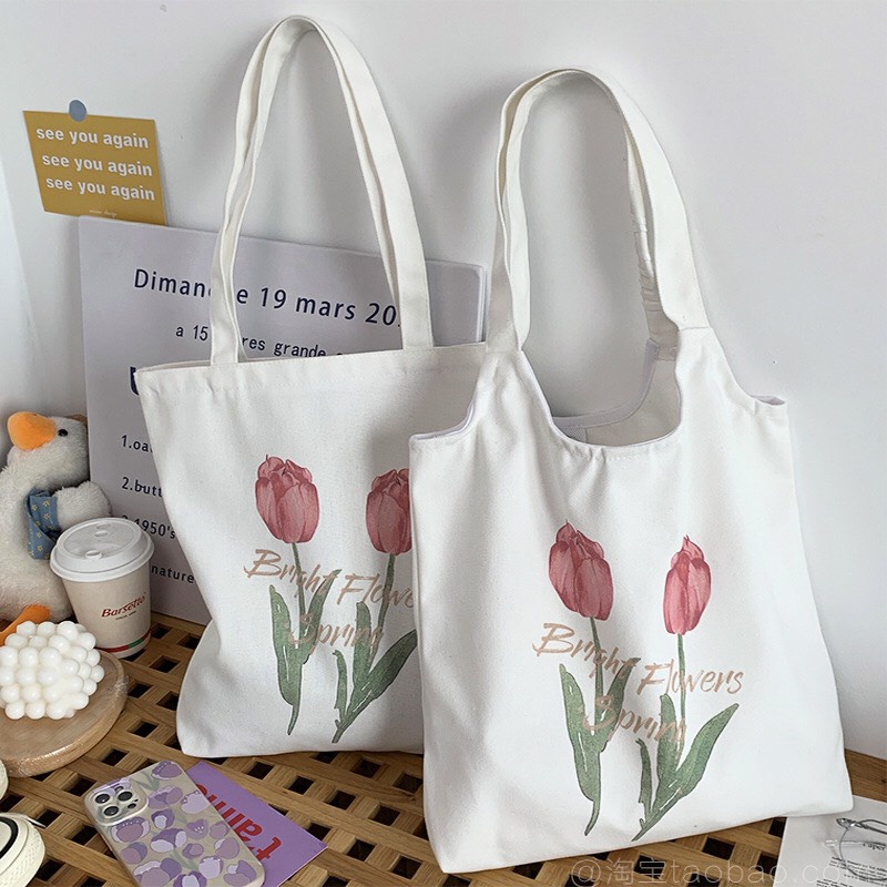 Túi Tote 2 Cành Hoa Tulip Xinh Xắn Có Khóa Kéo + Túi Phụ Style Ulzzang Hàn Quốc  MTT0113