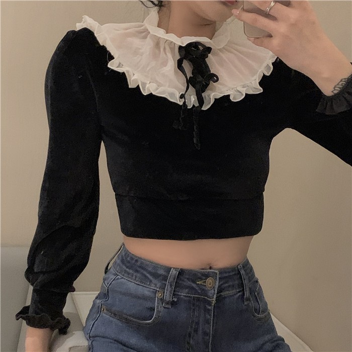 Áo croptop tay dài phối lưới voan vải nhung dây cổ bèo ulzzang ( 2 màu )