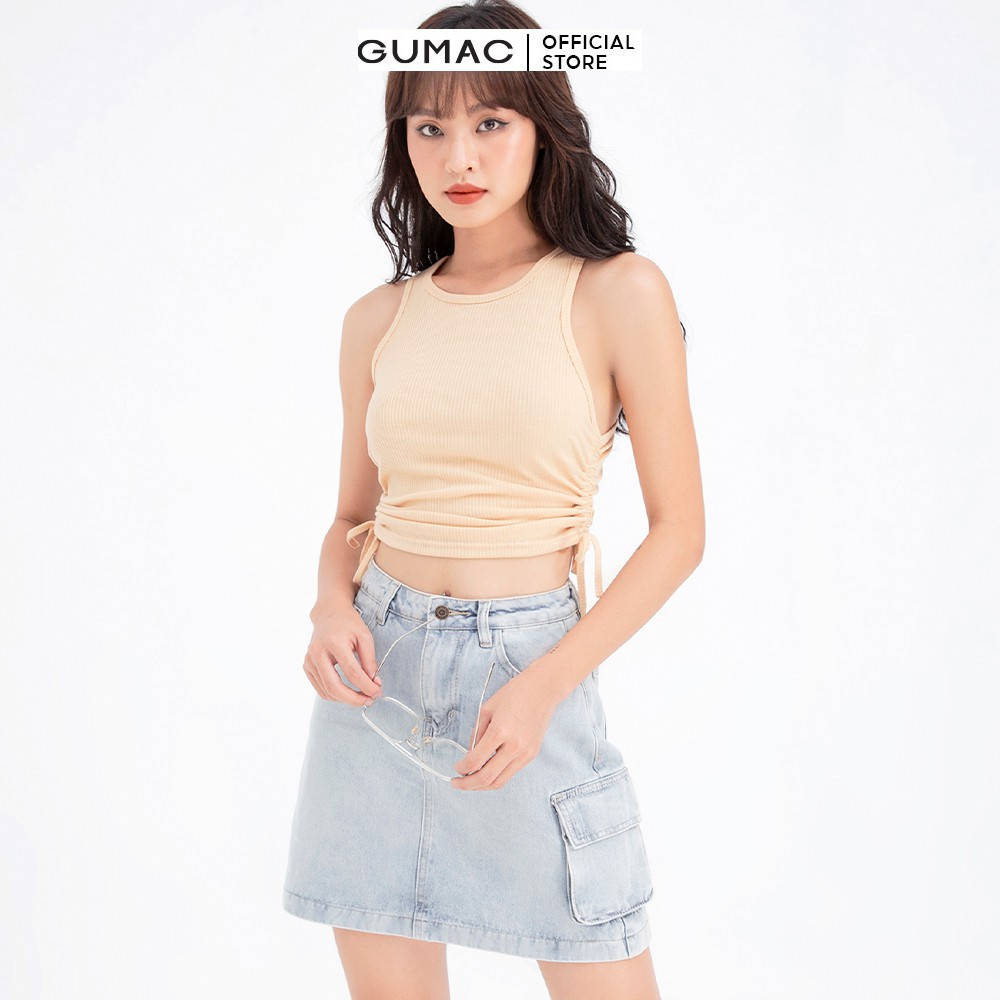 [Mã WABRGB11 giảm 10% đơn từ 250k] Áo thun nữ sát nách rút sườn GUMAC màu be cá tính ATB637 | BigBuy360 - bigbuy360.vn
