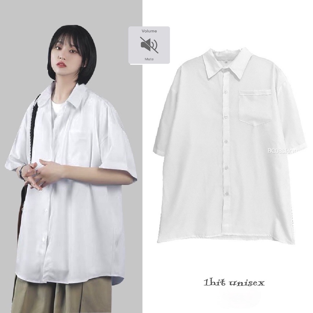 Áo Sơ Mi Trắng Tay Lỡ Có Túi basic Unisex chất vải lụa mềm mịn form rộng 1hit_shop