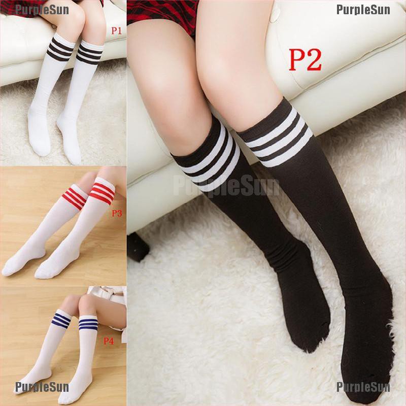 Vớ cotton nữ cổ cao tới đầu gối kẻ 3 đường sọc màu trơn