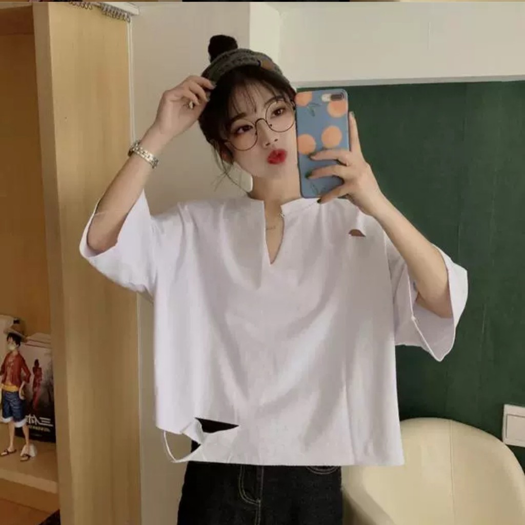 ÁO CROPTOP TRƠN CỔ V RÁCH BASIC