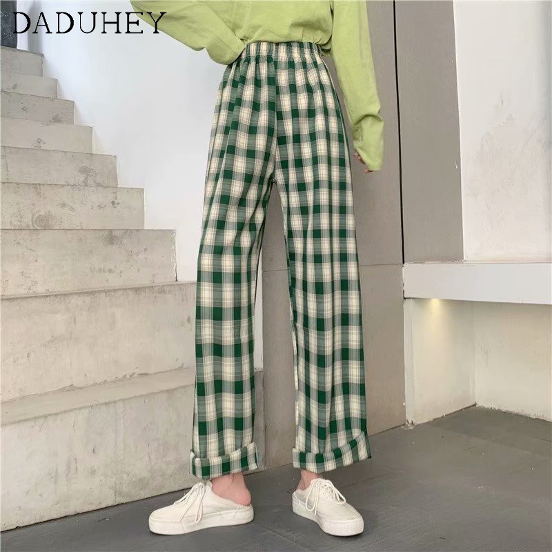 DaDuHey💕 Women's Plaid Elastic Waist Wide Leg Pants Women Floor Straight Plus Size Casual Loose Floor Trousers