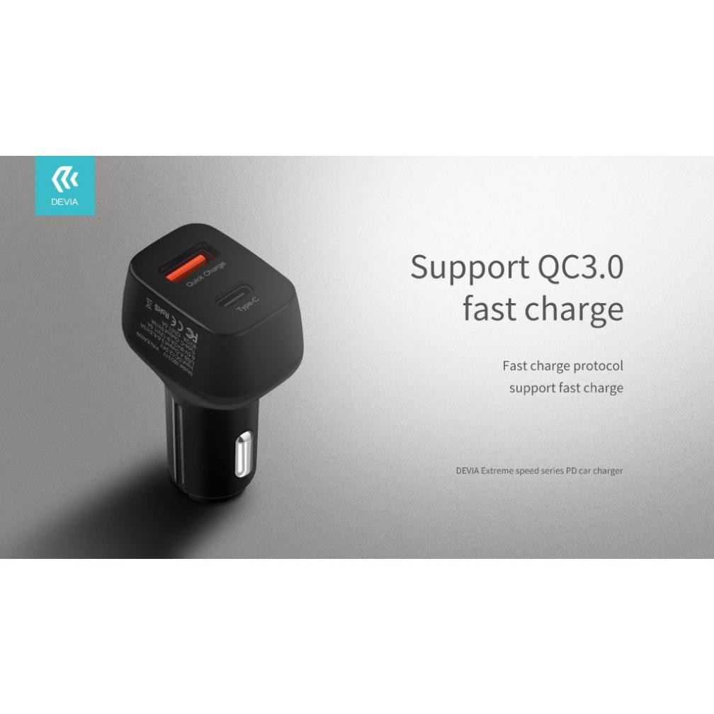 Dock sạc trên Oto (devia extreme speed series PD + QC3.0 car charger)