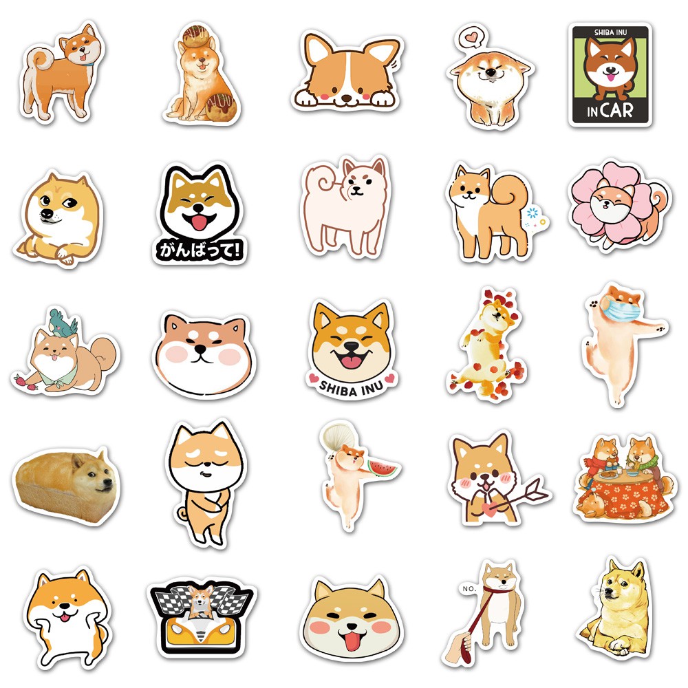 Set 50 miếng dán hình chú chó shiba không thấm nước