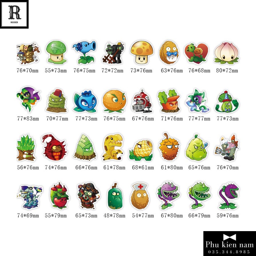 Sticker PVC Hoạt Hình Zombie Plants Cả bộ 100 hình ST071