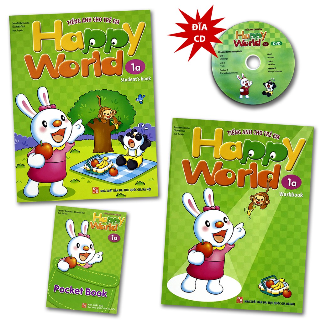 Sách - Tiếng Anh Cho Trẻ Em - Happy World - 1a (Bộ 2 quyển, 1 sổ tay, 1 đĩa DVD)