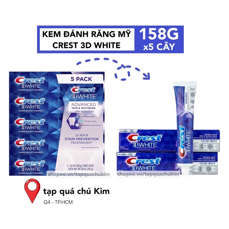 [BILL MỸ+ẢNH THẬT] Kem đánh răng CREST 3D WHITE 158G (cây lớn) lốc 5 cây không qua trung gian - tapquachukim