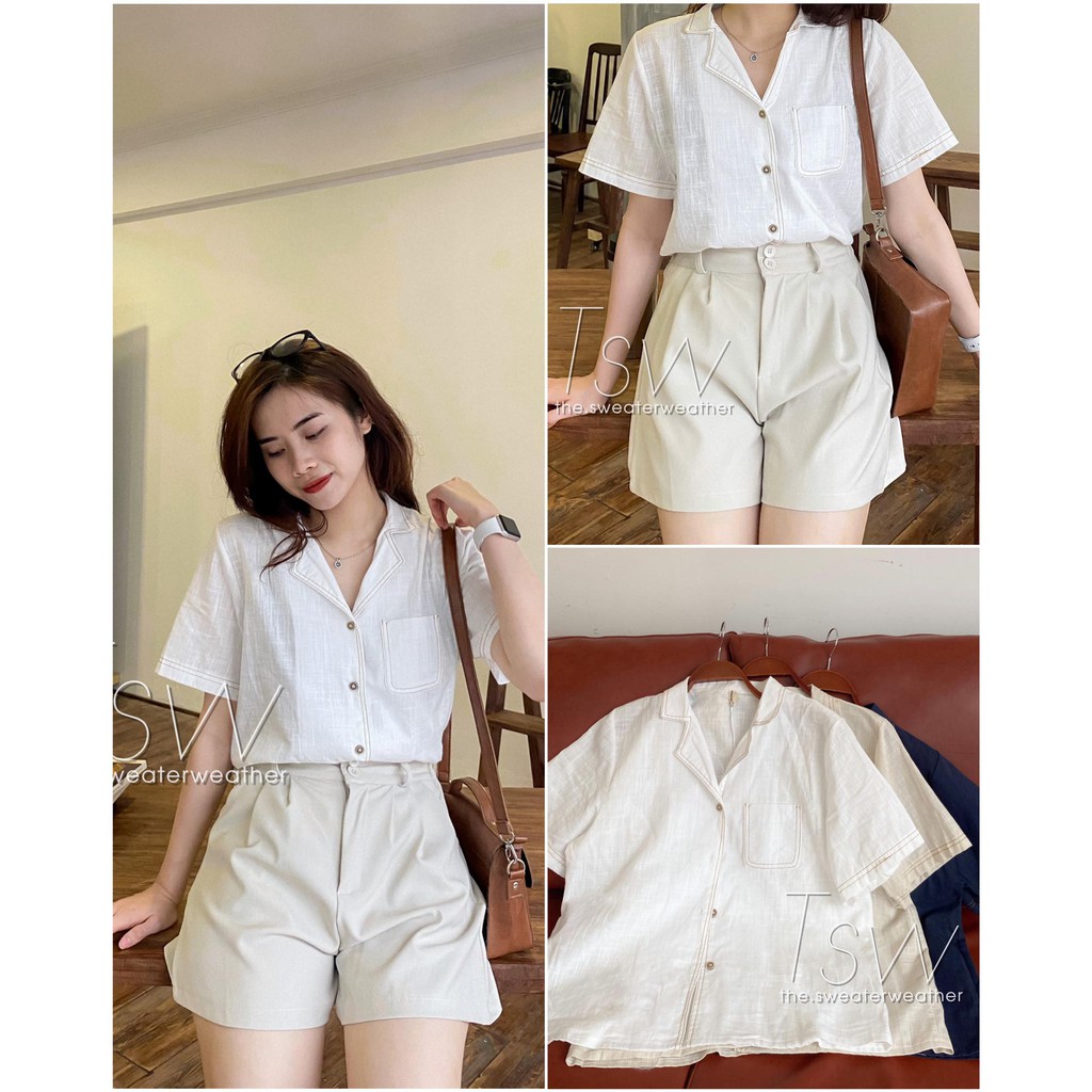 [Mã WASKT304 giảm 15% tối đa 30K đơn 99K] Áo sơ mi cổ pijama đũi xước chỉ nổi (Ảnh thật)