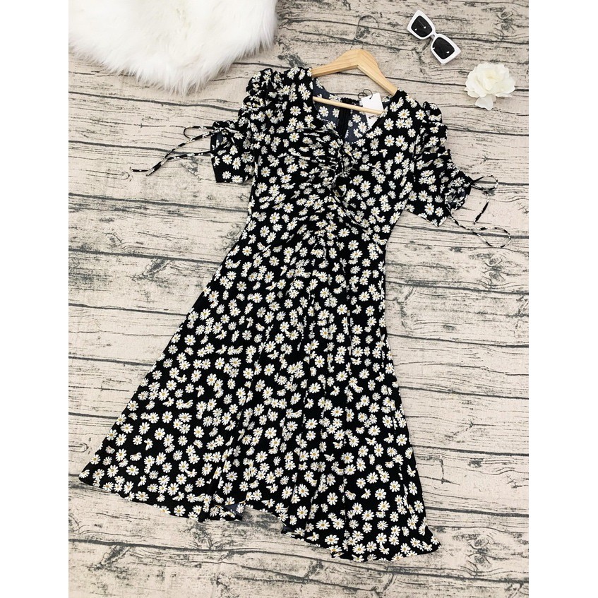 Đầm xòe Midi cotton đũi hoa nhí vintage nhúng rút dây tay ngực (có nhiều size)