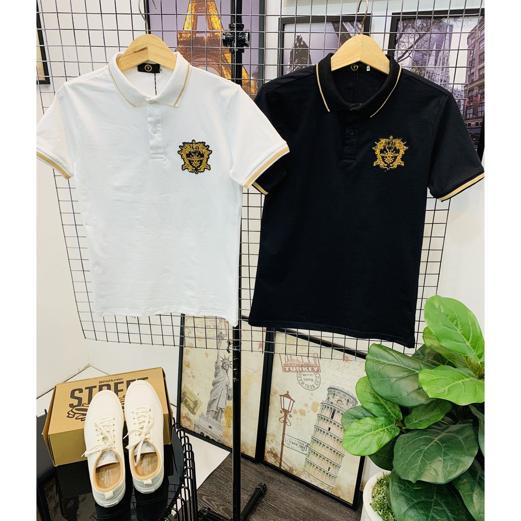 Áo thun nam đính đá thêu kim sa có cổ tay ngắn chất cotton co dãn 2 màu trăng đen cao cấp | BigBuy360 - bigbuy360.vn