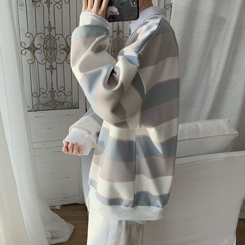 Áo Hoodie Nam Striped Sweater Men's Korean Loose Student Round Neck Thin Jacket