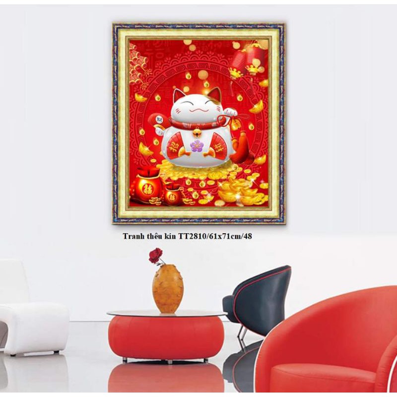 Tranh thêu mèo thần tài (61 x 71cm)
