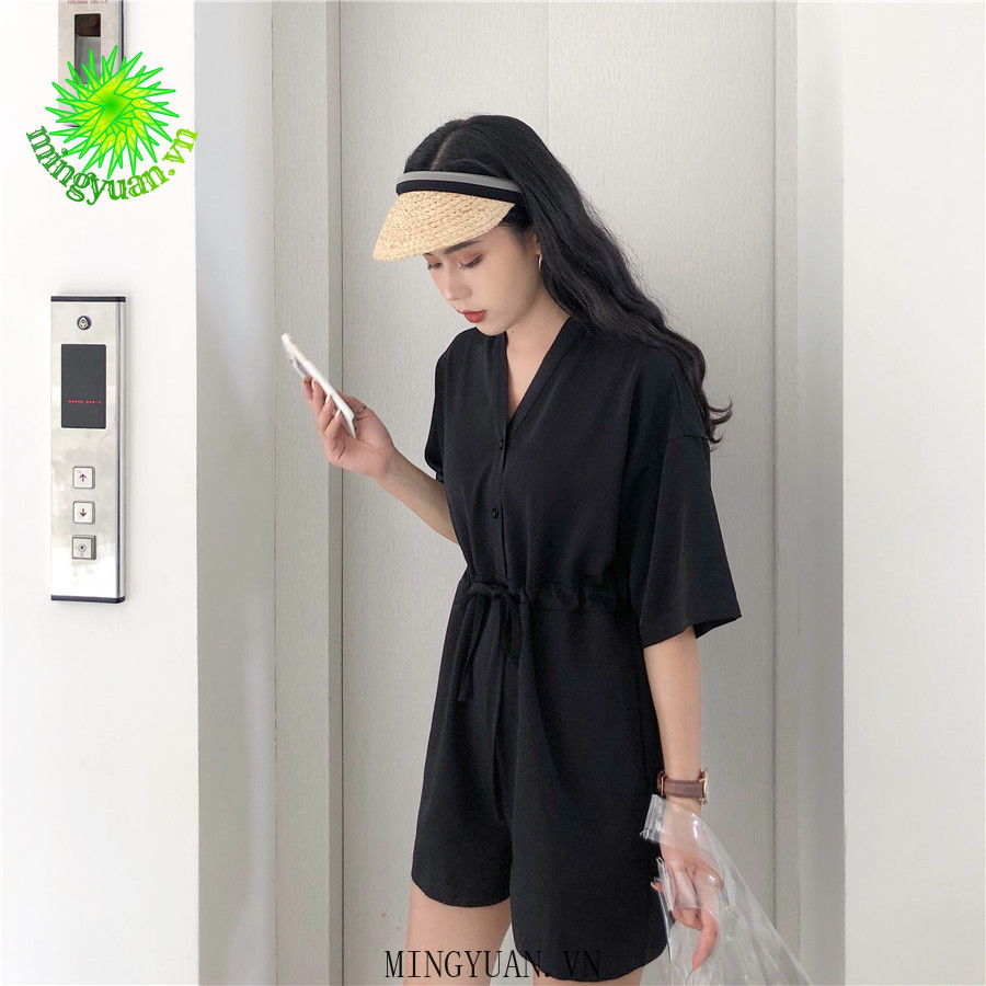 ( Mingyuan ) New retro black casual jumpsuit women loose V-neck short jumpsuit