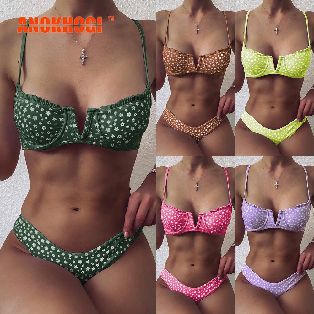 Bộ Bikini Hai Mảnh Cổ Chữ V Có Miếng Lót Ngực Và Quần Lưng Thấp Gợi Cảm Cho Nữ