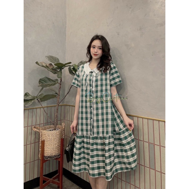 Váy babydoll đầm bigsize kẻ caro xanh họa tiết cổ trắng